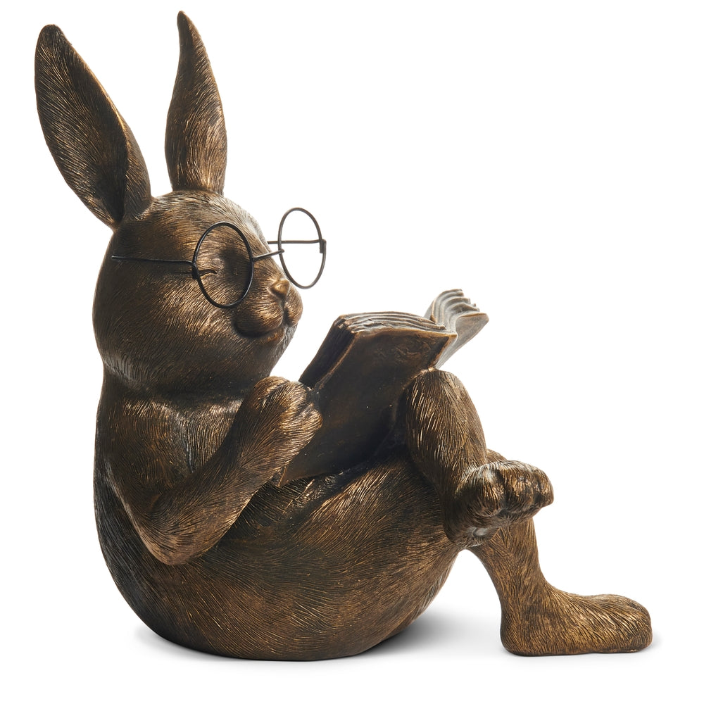 10" Bronze Reading Bunny with Glasses