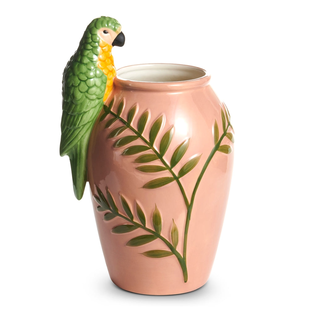 12" Peach and Green Parrot Vase