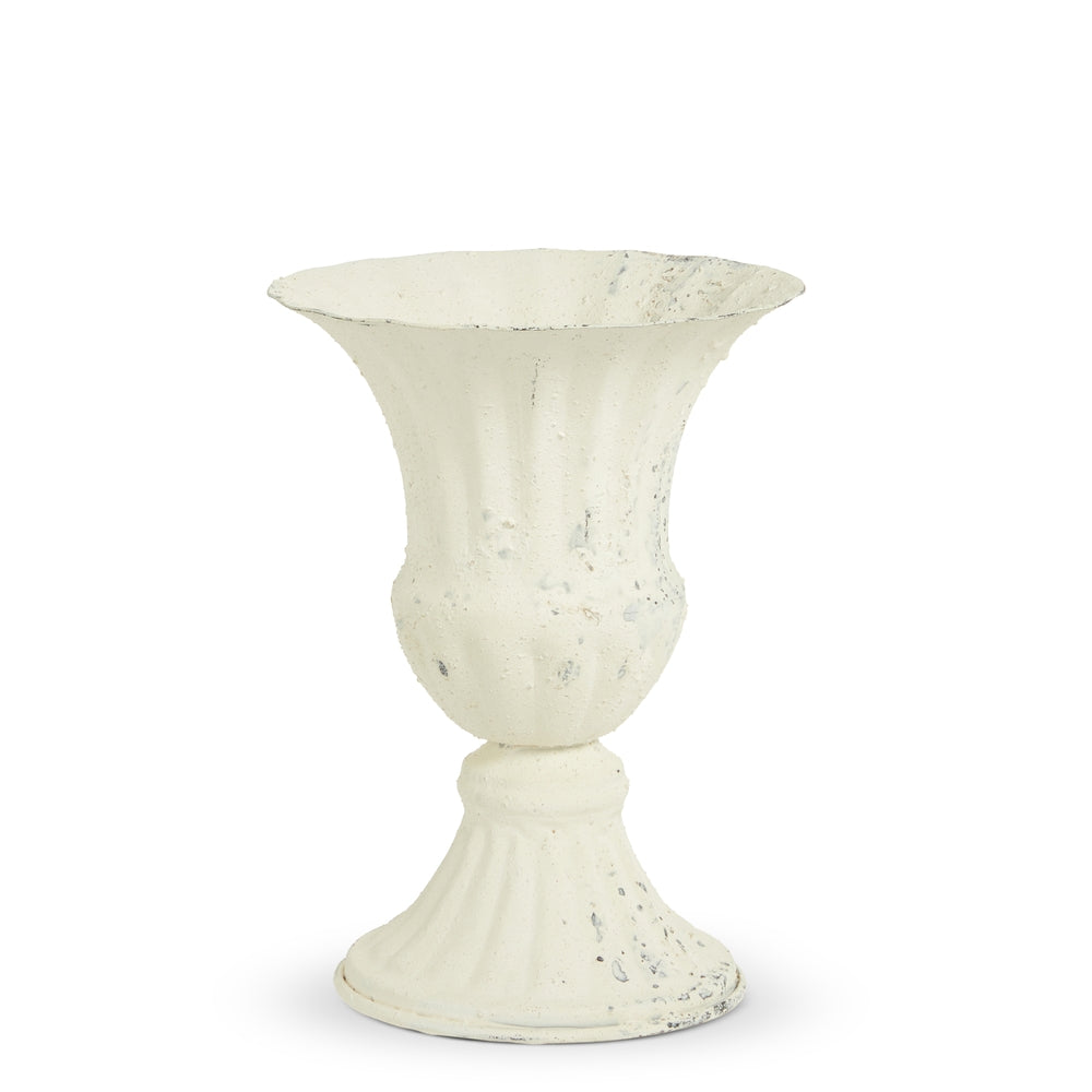 9" White Distressed Fluted Urn
