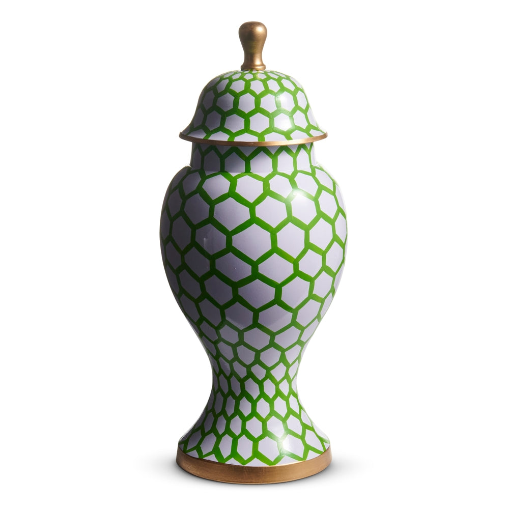 17" Green and White Honeycomb Pattern Ginger Jar