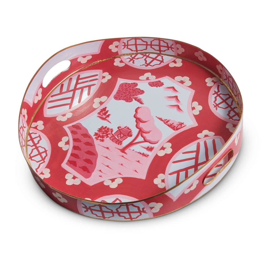 16" Pink and White Chinoiserie Tray