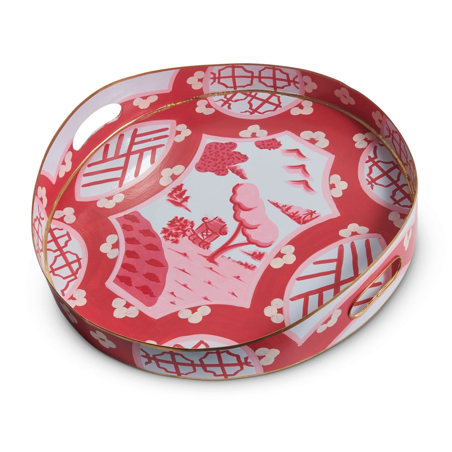 16" Pink and White Chinoiserie Tray