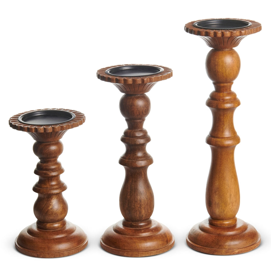 14.75" Carved Wood Flared Pillar Holders