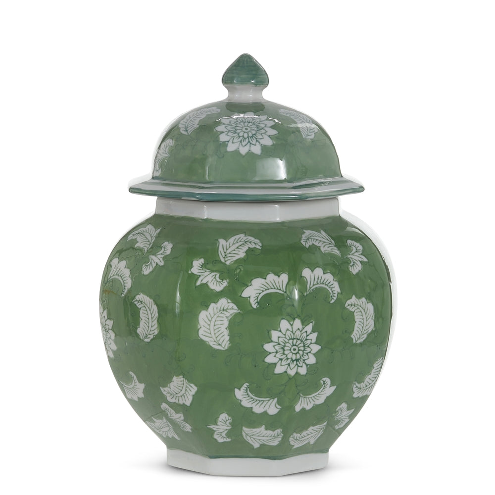 12" Green Floral Pattern Ginger Jar