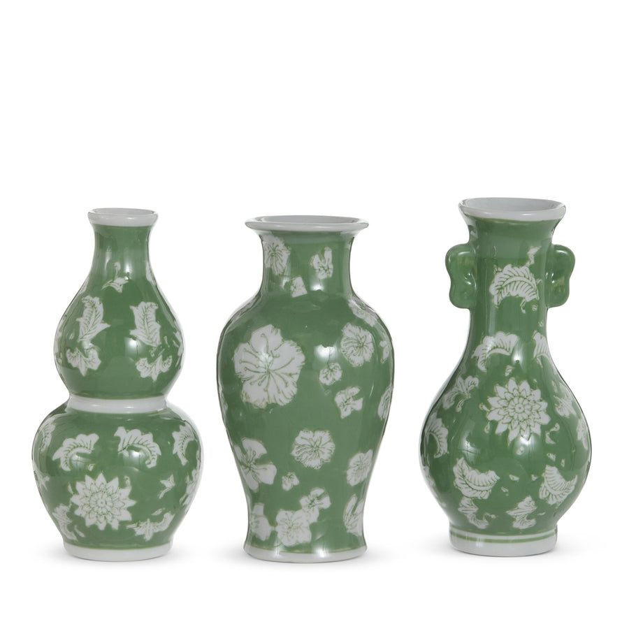 7" Green Floral Pattern Bud Vases