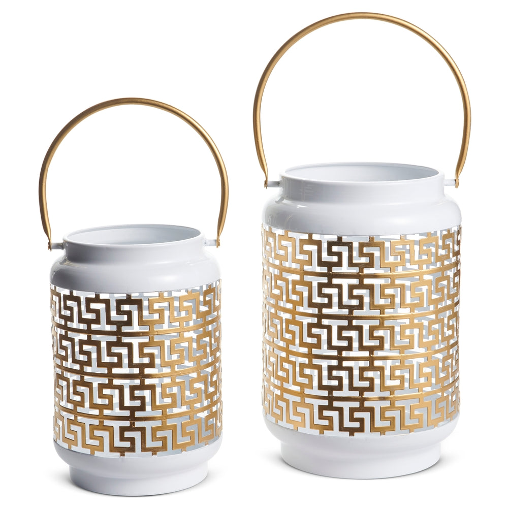 10.25" White and Gold Greek Key Lantern