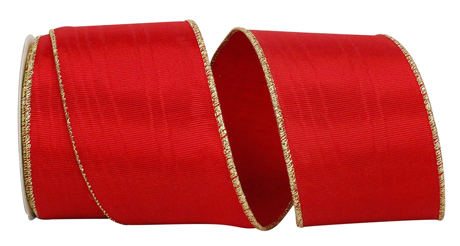 Red Bengaline Moire Gold Wired Edge Ribbon 2-1/2 Inch