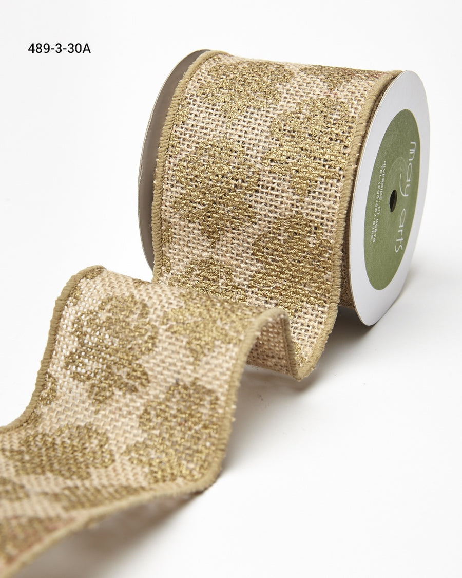 3 Inch 100% Jute Burlap with Metallic Print Ribbon with Wired Edge