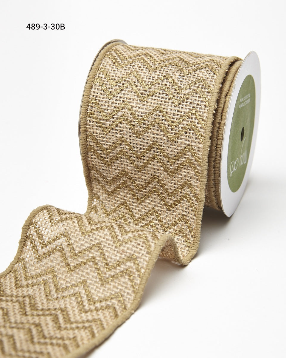 3 Inch 100% Jute Burlap with Metallic Print Ribbon with Wired Edge – 489-3-30B Gold Chevron