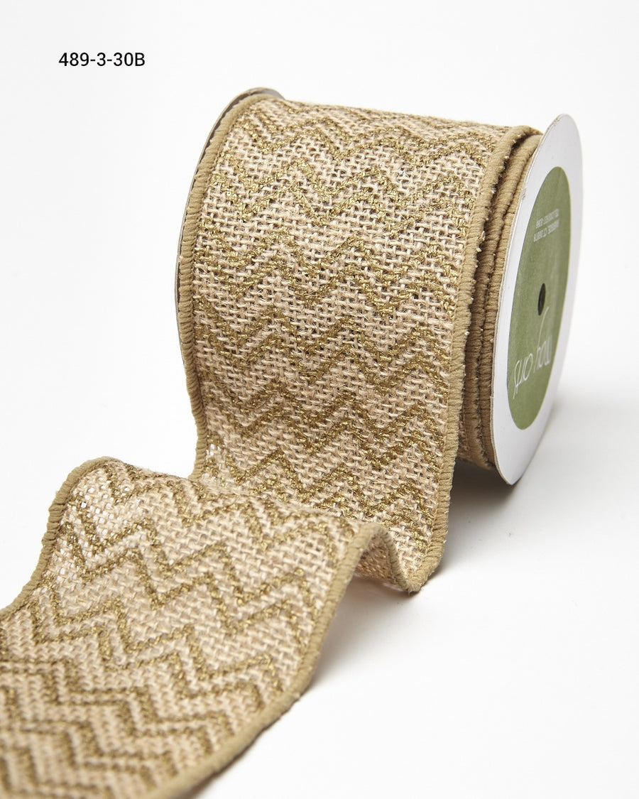 3 Inch 100% Jute Burlap with Metallic Print Ribbon with Wired Edge – 489-3-30B Gold Chevron