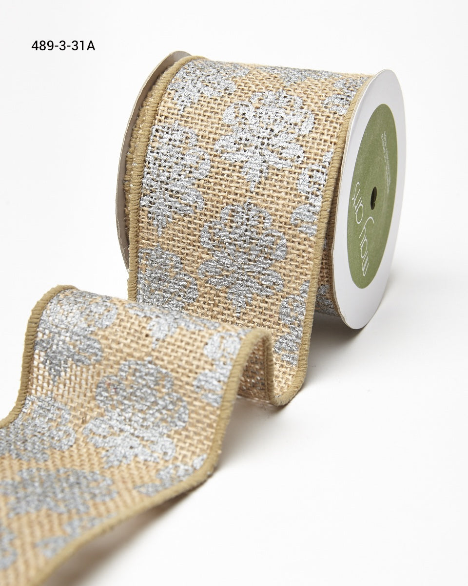 3 Inch 100% Jute Burlap with Metallic Print Ribbon with Wired Edge – 489-3-31A Silver Damask