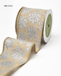 3 Inch 100% Jute Burlap with Metallic Print Ribbon with Wired Edge – 489-3-31A Silver Damask