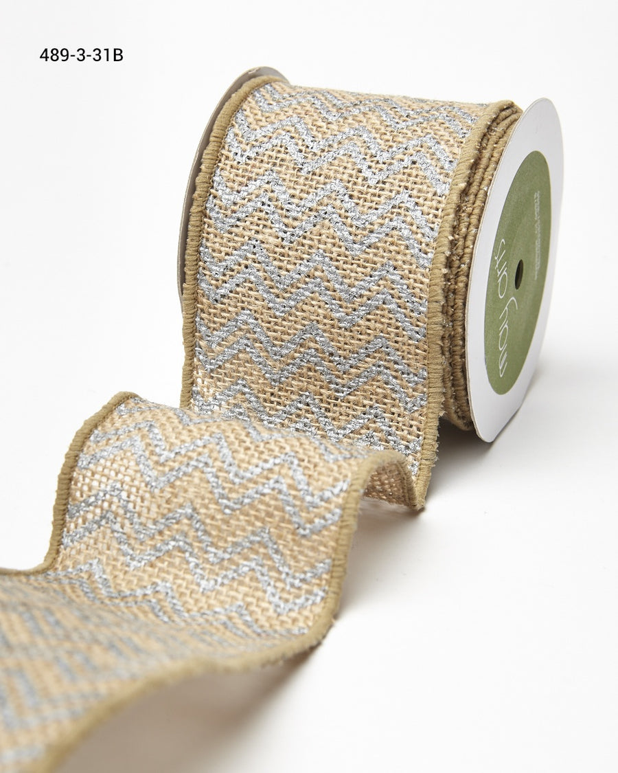 3 Inch 100% Jute Burlap with Metallic Print Ribbon with Wired Edge – 489-3-31B Silver Chevron