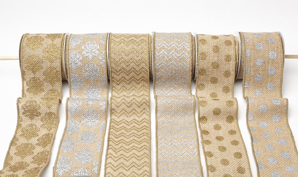 3 Inch 100% Jute Burlap with Metallic Print Ribbon with Wired Edge – 489-3-31C Silver Polka Dots