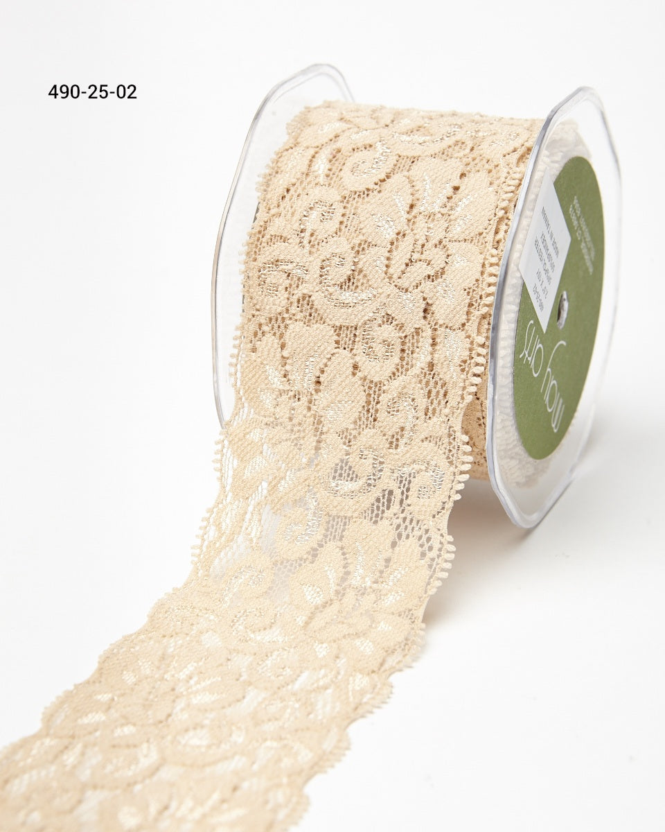 2.5 Inch Floral Elastic Lace Trim Ribbon with Scalloped Eyelash Edge – 490-25-02 Champagne