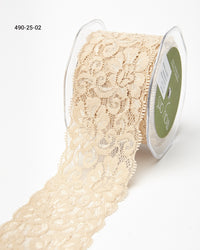 2.5 Inch Floral Elastic Lace Trim Ribbon with Scalloped Eyelash Edge – 490-25-02 Champagne