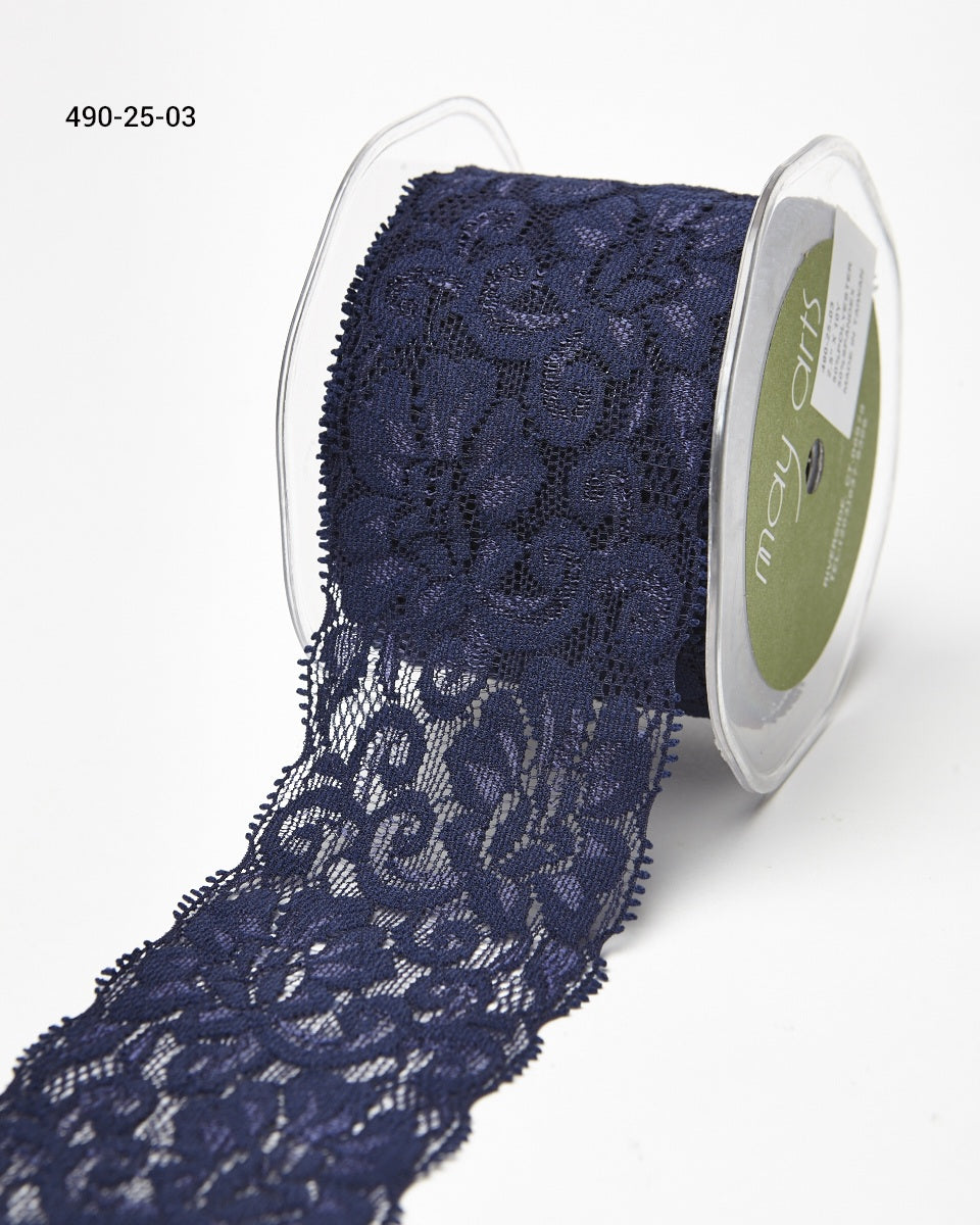 2.5 Inch Floral Elastic Lace Trim Ribbon with Scalloped Eyelash Edge – 490-25-03 Navy