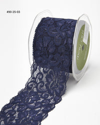 2.5 Inch Floral Elastic Lace Trim Ribbon with Scalloped Eyelash Edge – 490-25-03 Navy
