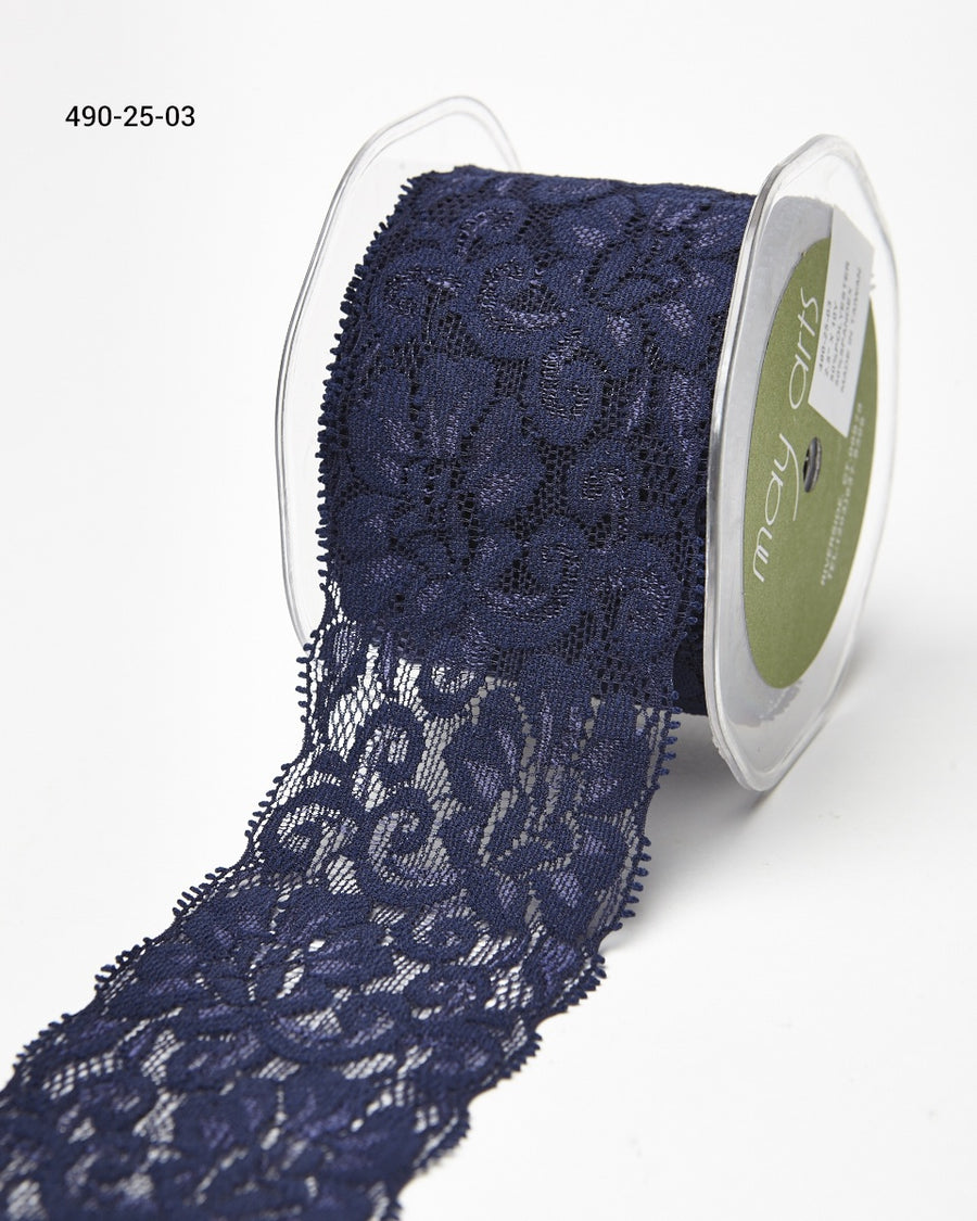 2.5 Inch Floral Elastic Lace Trim Ribbon with Scalloped Eyelash Edge – 490-25-03 Navy