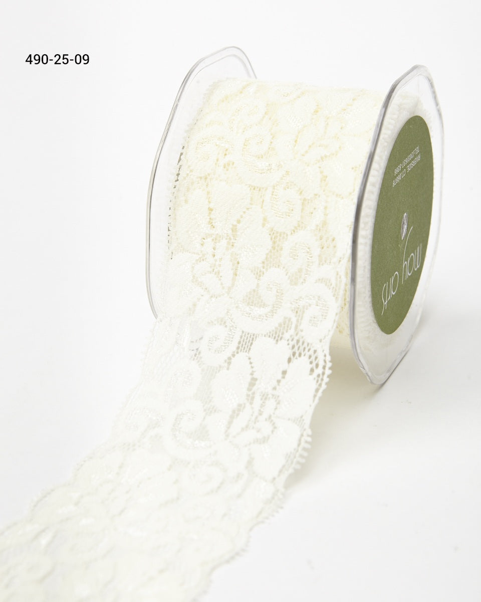 2.5 Inch Floral Elastic Lace Trim Ribbon with Scalloped Eyelash Edge – 490-25-09 Ivory
