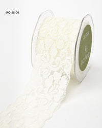 2.5 Inch Floral Elastic Lace Trim Ribbon with Scalloped Eyelash Edge – 490-25-09 Ivory