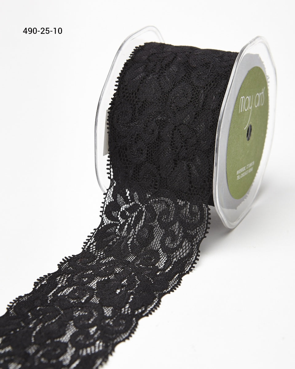 2.5 Inch Floral Elastic Lace Trim Ribbon with Scalloped Eyelash Edge – 490-25-10 Black