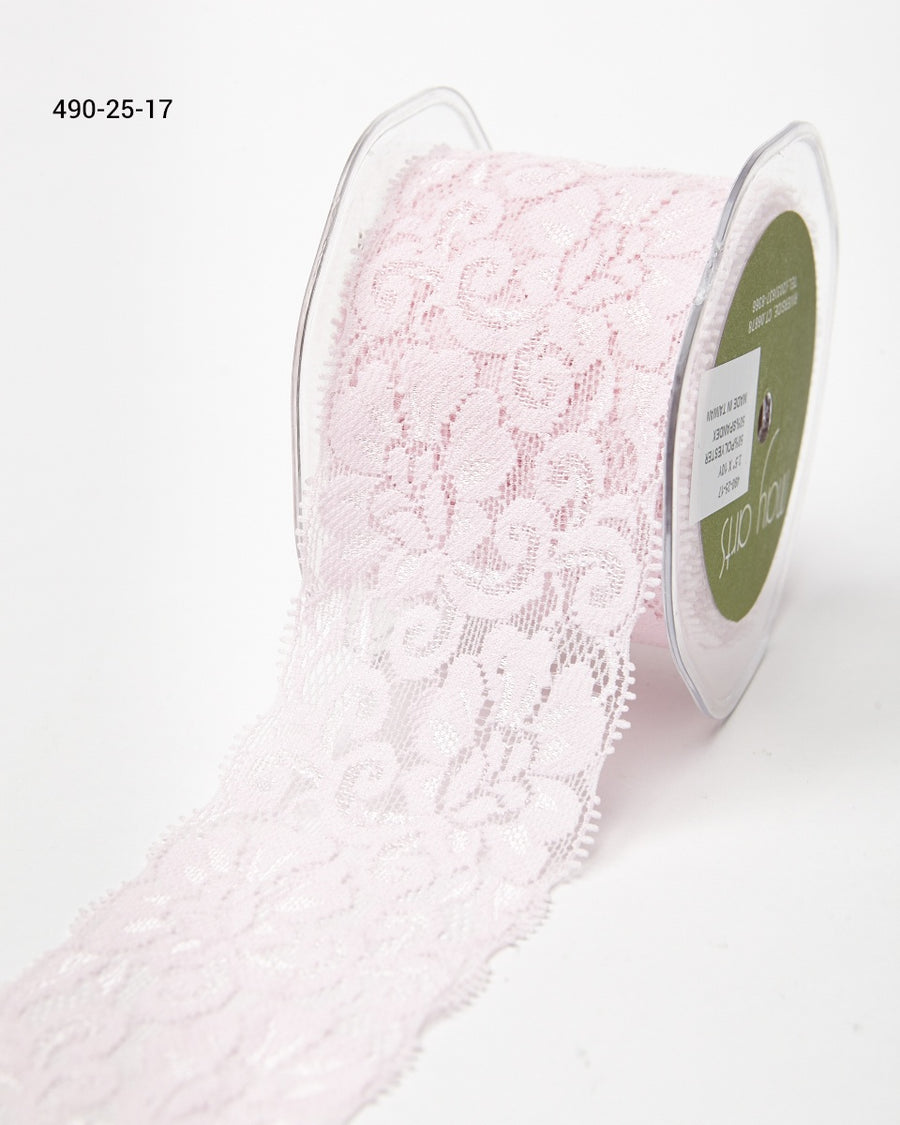 2.5 Inch Floral Elastic Lace Trim Ribbon with Scalloped Eyelash Edge – 490-25-17 Pink