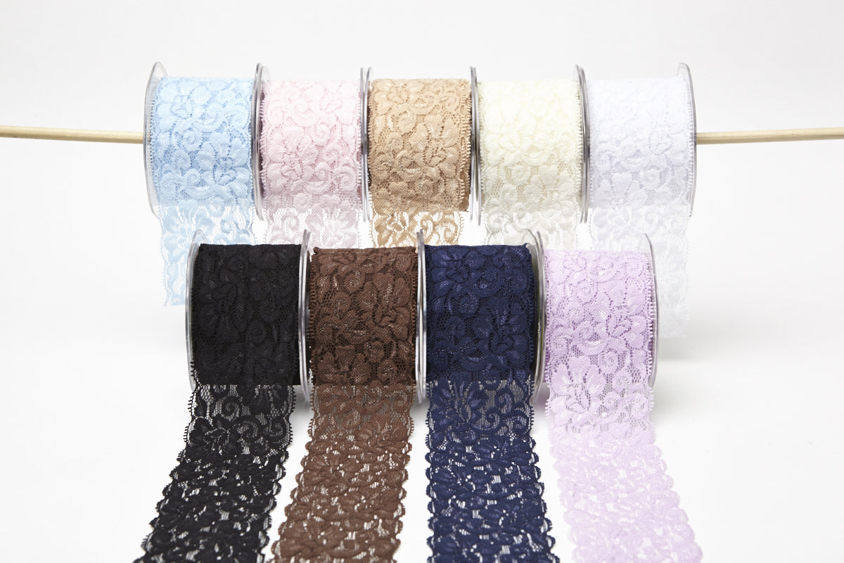 2.5 Inch Floral Elastic Lace Trim Ribbon with Scalloped Eyelash Edge – 490-25-05 Lavender