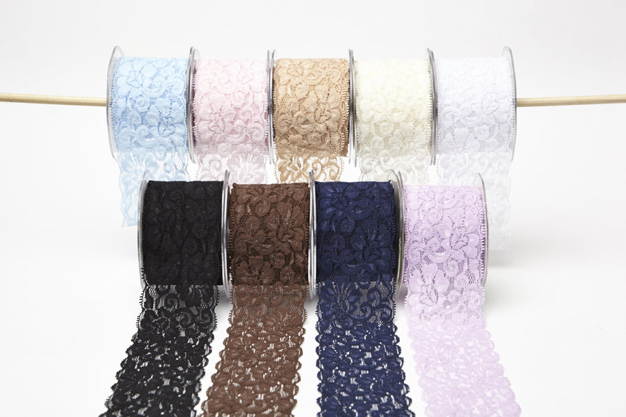 2.5 Inch Floral Elastic Lace Trim Ribbon with Scalloped Eyelash Edge – 490-25-05 Lavender