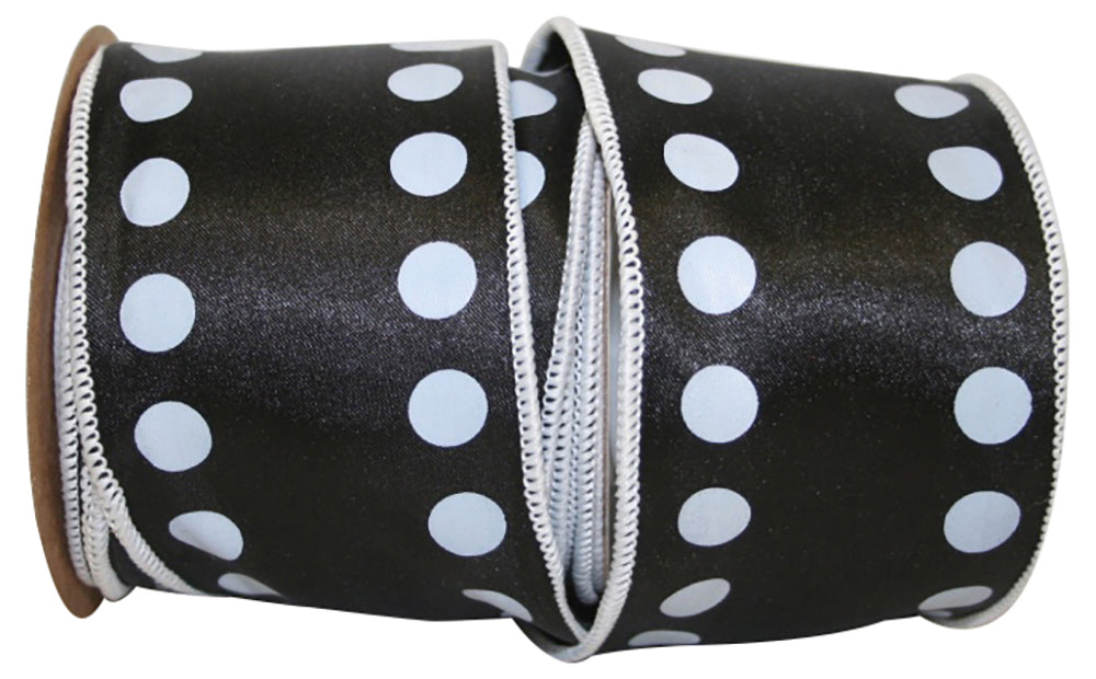 Black White 2-1 4 Inch Dots Line Wired Edge Ribbon for Wreaths & Bows