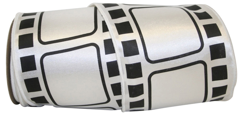White Black 4 Inch Movie Film Satin Wired Edge Ribbon for Wreaths & Bows