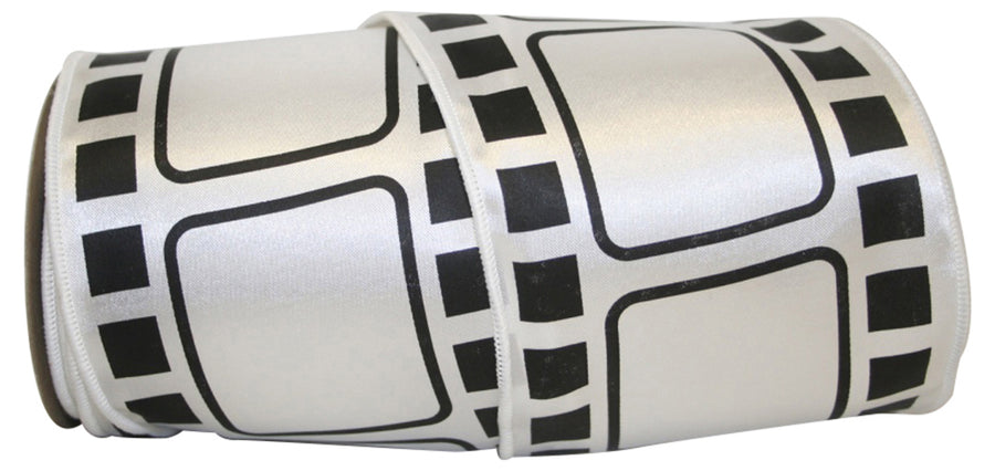 White Black 4 Inch Movie Film Satin Wired Edge Ribbon for Wreaths & Bows