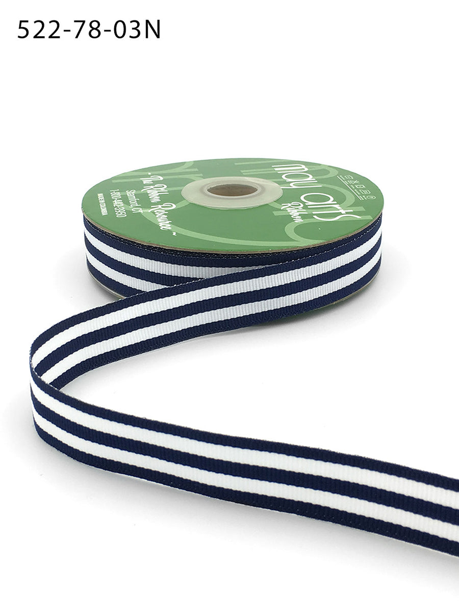 7/8 Inch Grosgrain Horizontal Stripes Ribbon with Woven Edge – 522-78-03N navy/white