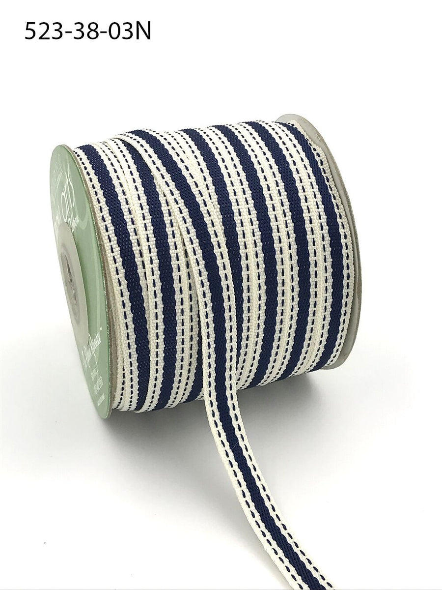 3/8 Inch Solid Color Band Ribbon with Natural Woven Stitched Edge – 523-38-03N Ivory/Navy