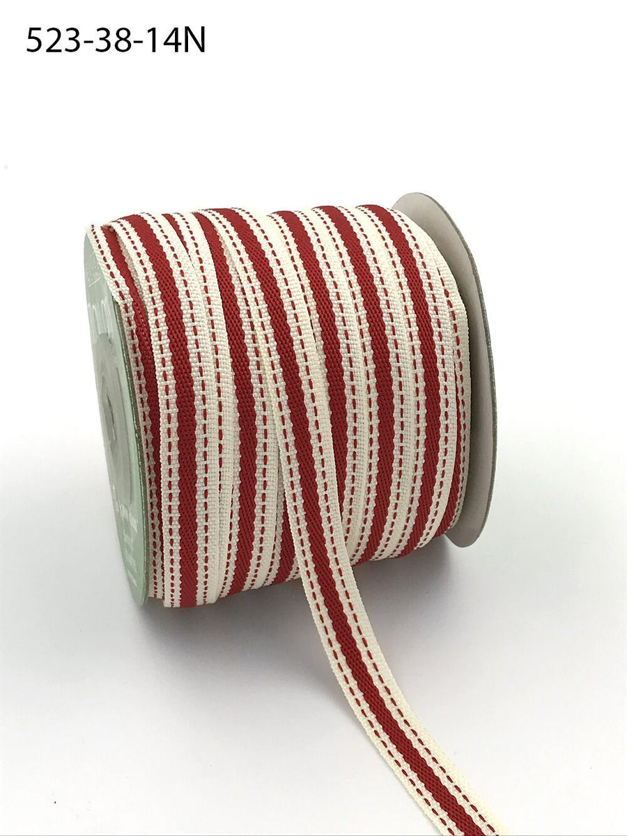 3/8 Inch Solid Color Band Ribbon with Natural Woven Stitched Edge – 523-38-14N Ivory/Red