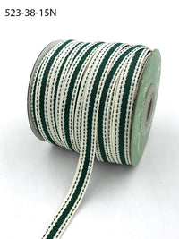 3/8 Inch Solid Color Band Ribbon with Natural Woven Stitched Edge – 523-38-15N Ivory/Forest Green