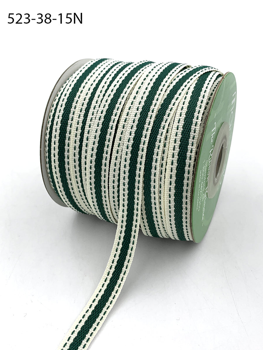 3/8 Inch Solid Color Band Ribbon with Natural Woven Stitched Edge – 523-38-15N Ivory/Forest Green