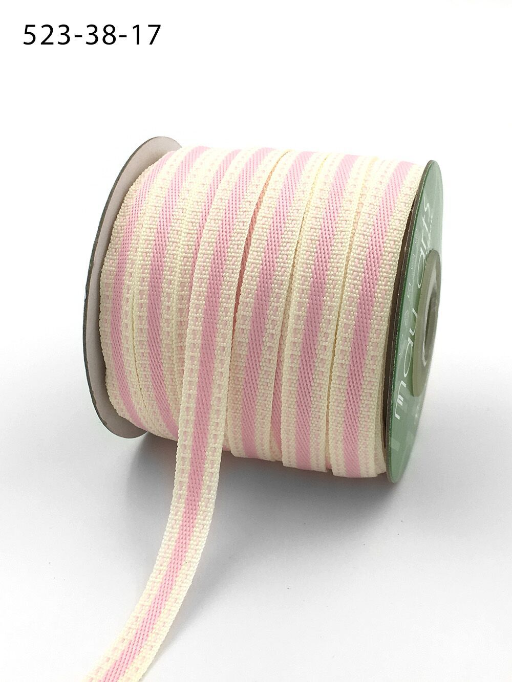 3/8 Inch Solid Color Band Ribbon with Natural Woven Stitched Edge – 523-38-17N Ivory/Pink