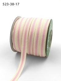 3/8 Inch Solid Color Band Ribbon with Natural Woven Stitched Edge – 523-38-17N Ivory/Pink