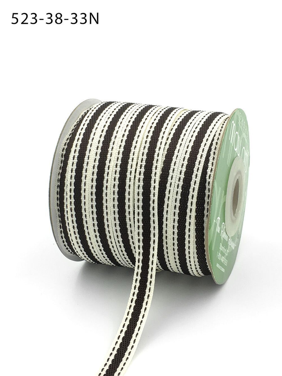 3/8 Inch Solid Color Band Ribbon with Natural Woven Stitched Edge – 523-38-33N Ivory/Brown