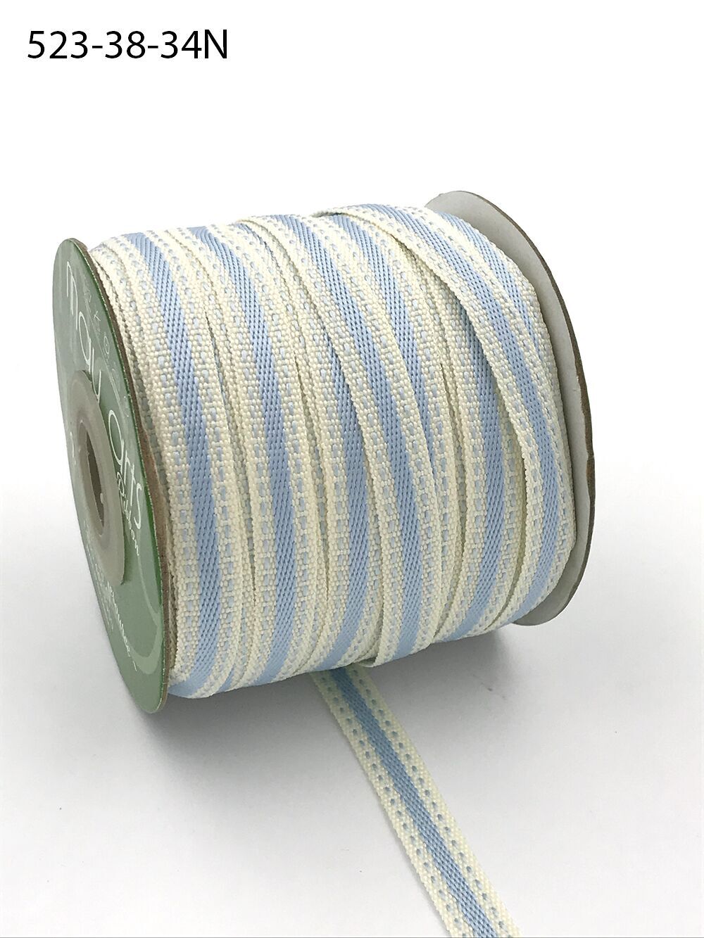 3/8 Inch Solid Color Band Ribbon with Natural Woven Stitched Edge – 523-38-34N Ivory/Light Blue