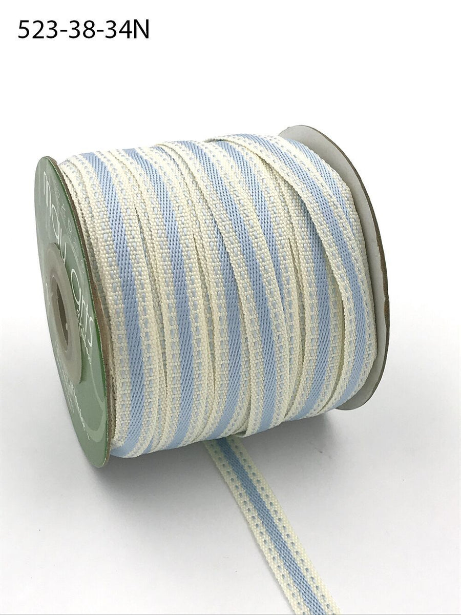 3/8 Inch Solid Color Band Ribbon with Natural Woven Stitched Edge – 523-38-34N Ivory/Light Blue