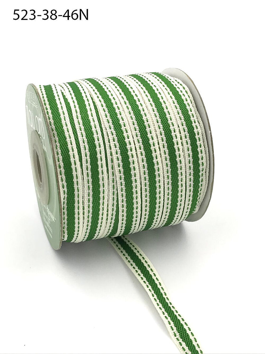 3/8 Inch Solid Color Band Ribbon with Natural Woven Stitched Edge – 523-38-46N Ivory/Parrot Green