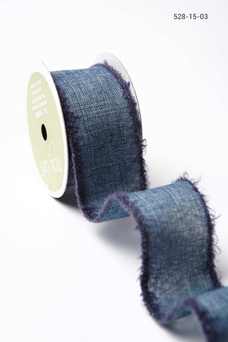1.5 Inch Faux Linen Ribbon with Fuzzy Wired Edge – 528-15-03 navy/navy
