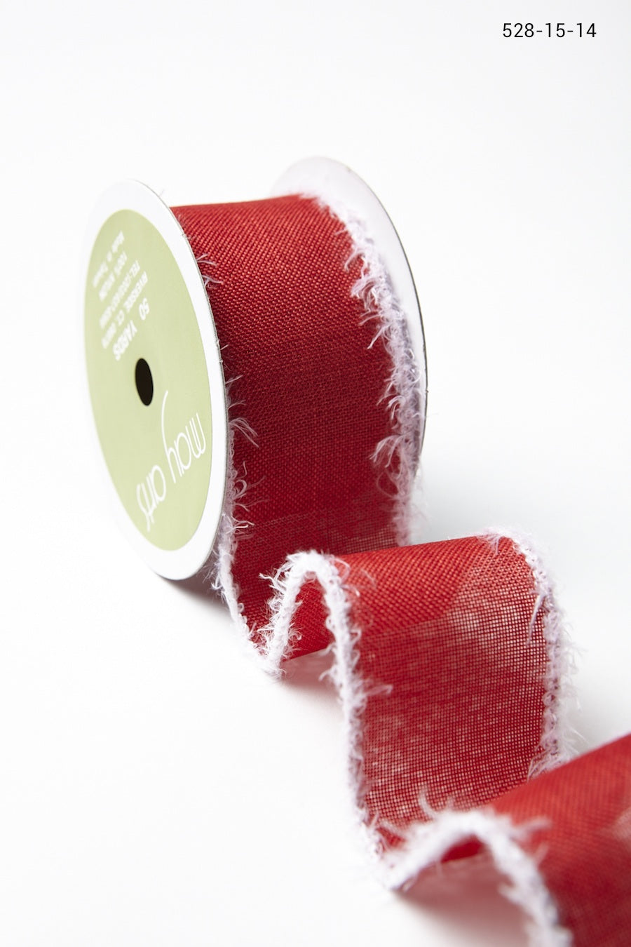 1.5 Inch Faux Linen Ribbon with Fuzzy Wired Edge – 528-15-14 red/white