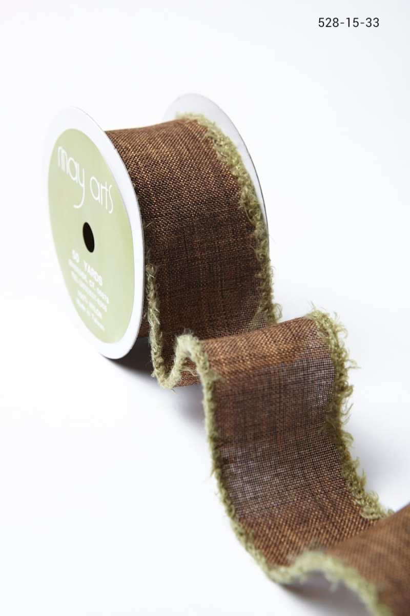 1.5 Inch Faux Linen Ribbon with Fuzzy Wired Edge – 528-15-33 brown/green