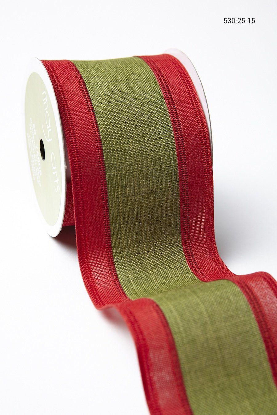 2.5 Inch Faux Linen Center Stripe Ribbon with Woven Edge – 530-25-15 green/red edge