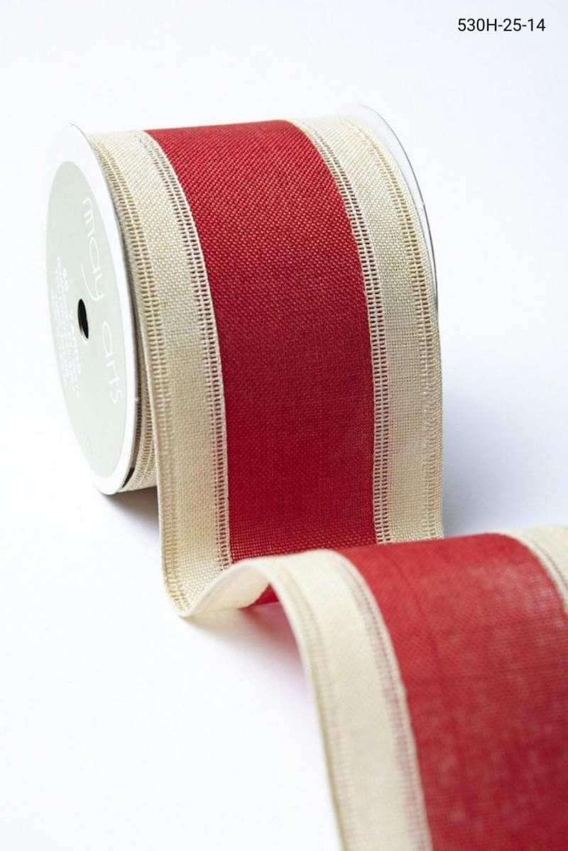 2.5 Inch Faux Linen Center Stripe Ribbon with Woven Edge – 530-25-14 red/ivory edge