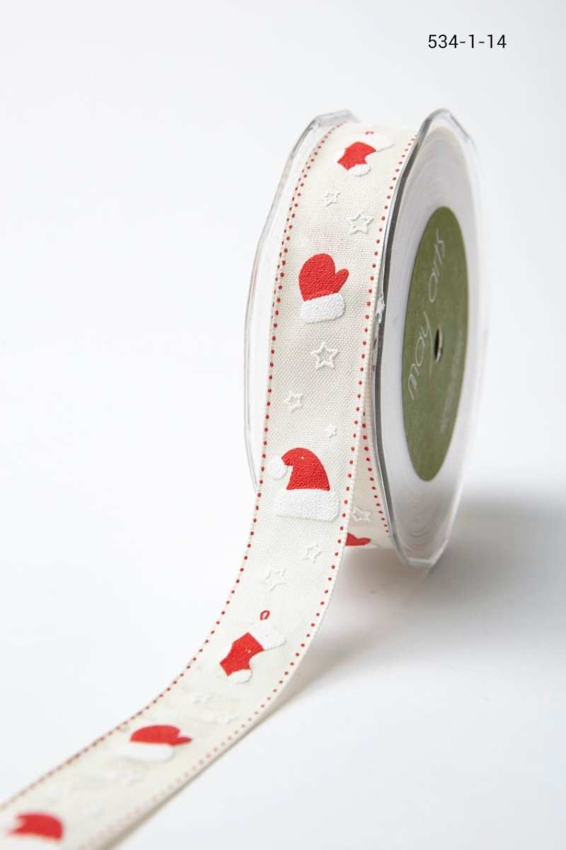 1 Inch Cotton Holiday Print Ribbon with Woven Edge – 534-1-14 ivory/red (Stocking)