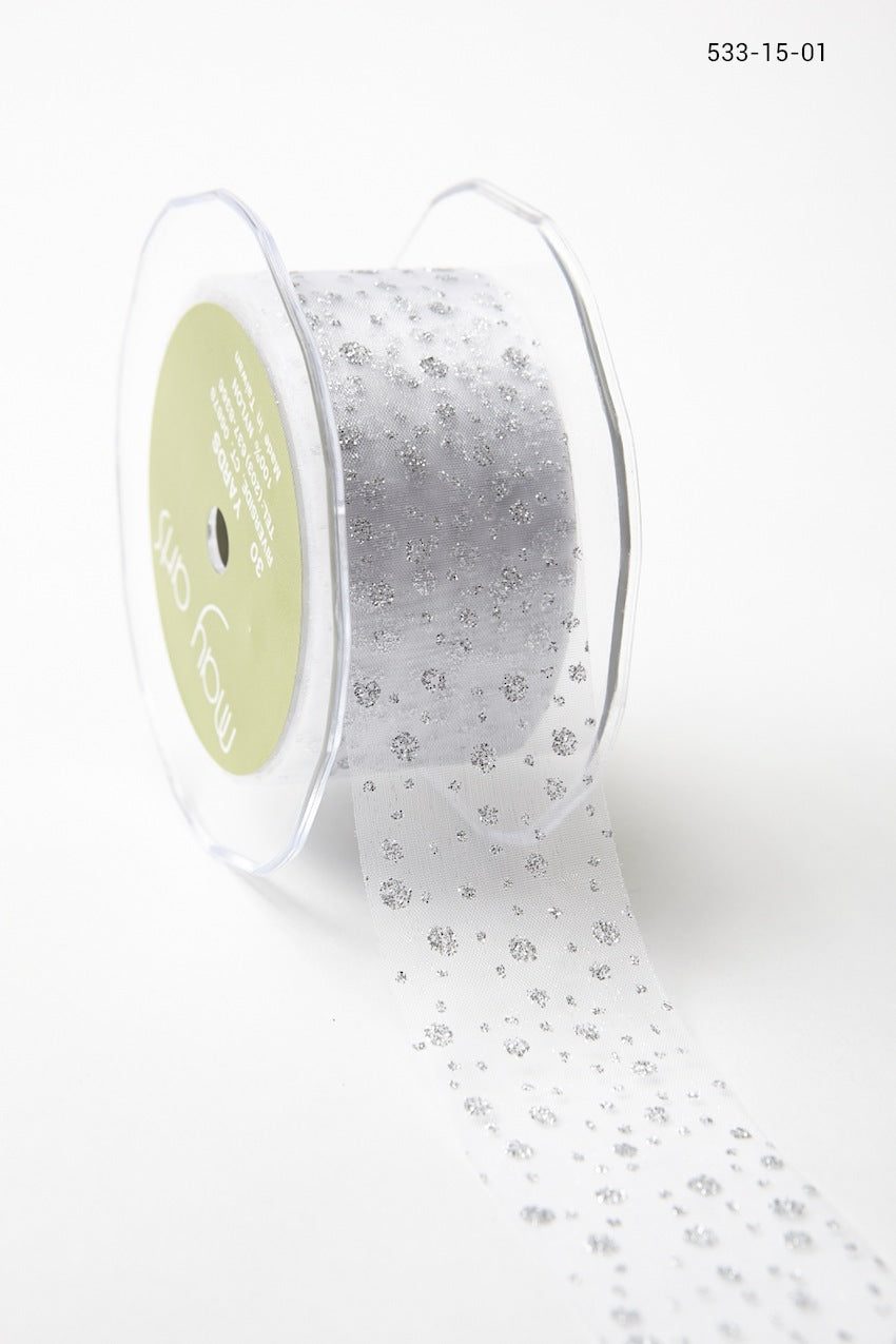 1.5 Inch Sheer Glitter Dot Ribbon with Cut Edge – 533-15-01 Silver Glitter Dots